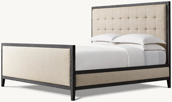 French Contemporary Fabric Box-Tufted Panel Bed With Footboard