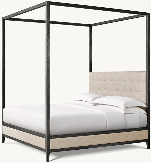 French Contemporary Fabric Box-Tufted Panel Canopy Bed