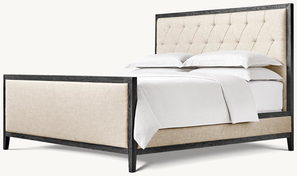 French Contemporary Fabric Diamond-Tufted Panel Bed With Footboard