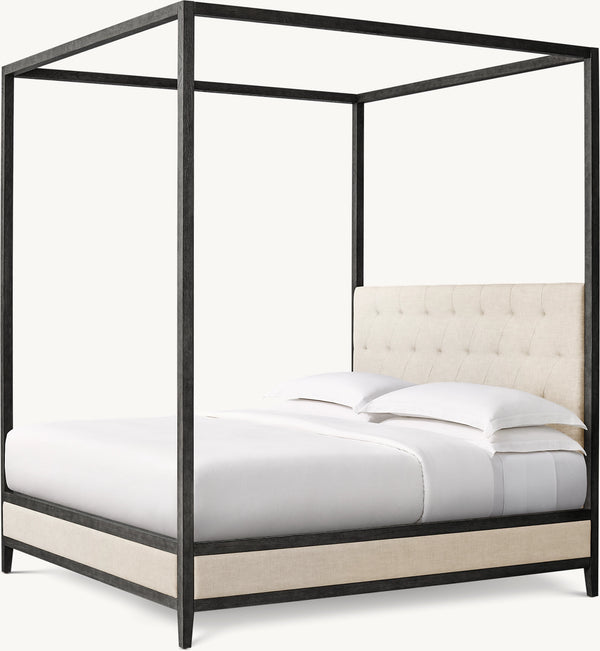 French Contemporary Fabric Diamond-Tufted Panel Canopy Bed