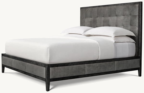 French Contemporary Leather Box-Tufted Panel Bed