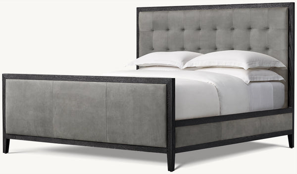 French Contemporary Leather Box-Tufted Panel Bed With Footboard