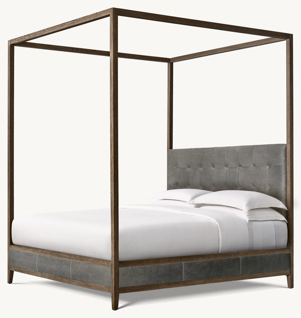French Contemporary Leather Box-Tufted Panel Canopy Bed