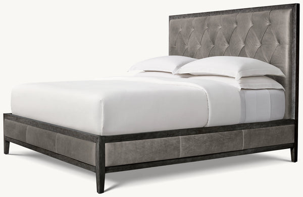 French Contemporary Leather Diamond-Tufted Panel Bed