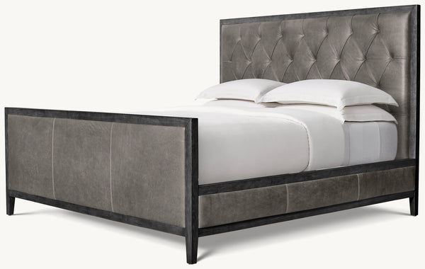 French Contemporary Leather Diamond-Tufted Panel Bed with Footboard