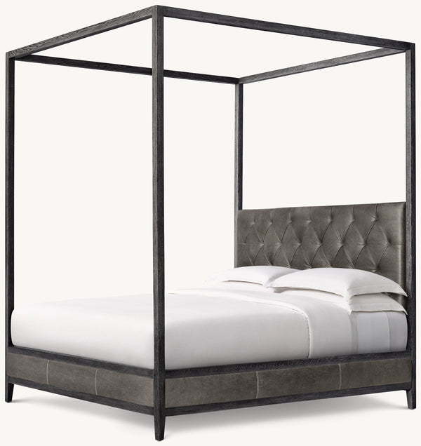 French Contemporary Leather Diamond-Tufted Panel Canopy Bed