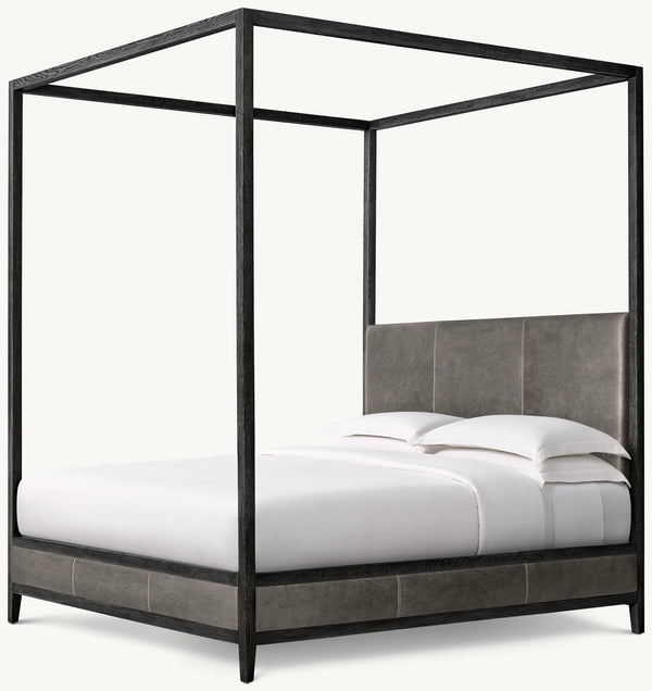 French Contemporary Leather Panel Canopy Bed